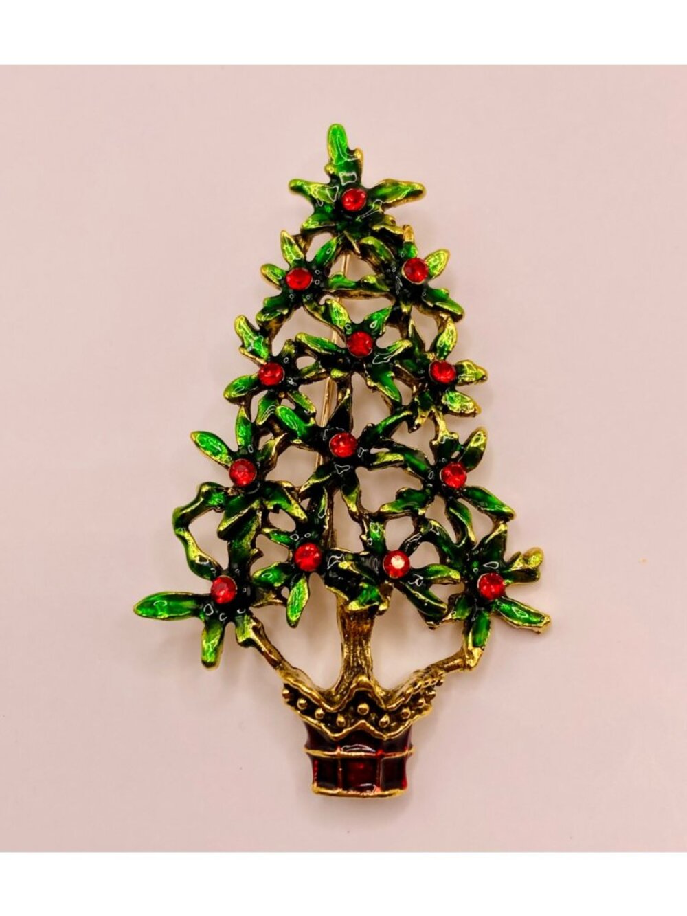 Christmas Holiday Tree Pin Brooch Green Enamel & Red Rhinestones -52B